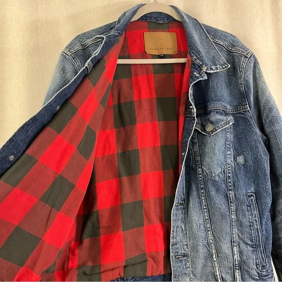 AE American Eagle flannel lined denim jean jacket men’s buffalo check Size Large - Picture 5 of 12